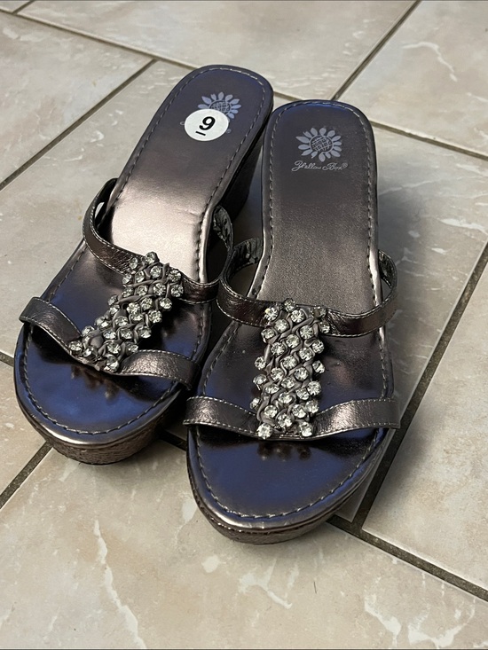 Yellow Box Shoes - Yellow Box Metallic Black Rhinestone Wedge Sandals